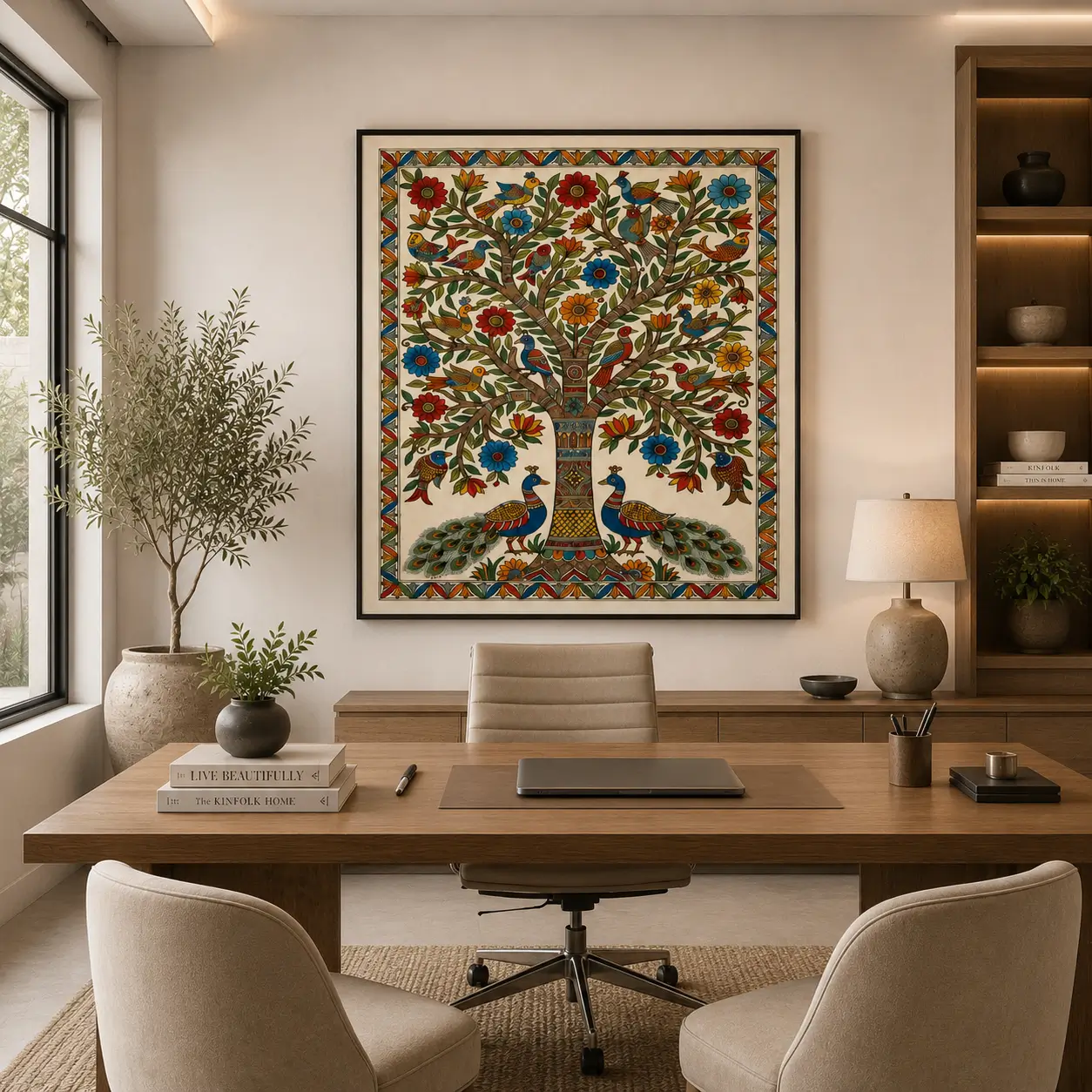 Traditional Indian Madhubani Tree of Life and Royal Peacocks premium canvas wall art featuring lotus flowers, vibrant folk motifs, and authentic Mithila painting details.