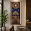 Luxury Warli Tree of Life canvas featuring radiant metallic gold tribal artwork on a deep indigo blue background with a natural wood gallery frame.