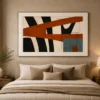Modern architectural abstract canvas wall art featuring terracotta, steel blue, charcoal, and cream geometric forms with contemporary industrial styling.