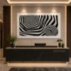 Landscape black and white optical illusion canvas featuring a hexagonal vortex and striped geometric sphere in a contemporary minimalist design.