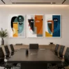 Luxury Cubist triptych canvas wall art featuring geometric abstract faces in terracotta, navy, sage green, and mustard tones with contemporary gallery styling.