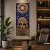 Luxury Warli Tree of Life canvas featuring radiant metallic gold tribal artwork on a deep indigo blue background with a natural wood gallery frame.