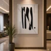 Black and cream mid-century modern abstract canvas wall art featuring architectural geometric forms and elegant linear details.
