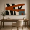 Modern architectural abstract canvas wall art featuring terracotta, steel blue, charcoal, and cream geometric forms with contemporary industrial styling.