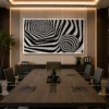Landscape black and white optical illusion canvas featuring a hexagonal vortex and striped geometric sphere in a contemporary minimalist design.