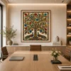 Traditional Indian Madhubani Tree of Life and Royal Peacocks premium canvas wall art featuring lotus flowers, vibrant folk motifs, and authentic Mithila painting details.