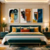 Luxury Cubist triptych canvas wall art featuring geometric abstract faces in terracotta, navy, sage green, and mustard tones with contemporary gallery styling.