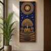 Luxury Warli Tree of Life canvas featuring radiant metallic gold tribal artwork on a deep indigo blue background with a natural wood gallery frame.