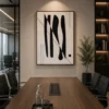 Black and cream mid-century modern abstract canvas wall art featuring architectural geometric forms and elegant linear details.