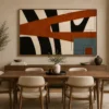Modern architectural abstract canvas wall art featuring terracotta, steel blue, charcoal, and cream geometric forms with contemporary industrial styling.