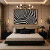 Landscape black and white optical illusion canvas featuring a hexagonal vortex and striped geometric sphere in a contemporary minimalist design.