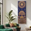 Luxury Warli Tree of Life canvas featuring radiant metallic gold tribal artwork on a deep indigo blue background with a natural wood gallery frame.