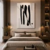 Black and cream mid-century modern abstract canvas wall art featuring architectural geometric forms and elegant linear details.