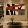 Modern architectural abstract canvas wall art featuring terracotta, steel blue, charcoal, and cream geometric forms with contemporary industrial styling.