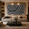 Landscape black and white optical illusion canvas featuring a hexagonal vortex and striped geometric sphere in a contemporary minimalist design.