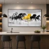 Luxury panoramic horse canvas wall art featuring galloping wild horses in monochrome with a striking golden horse at the centre.