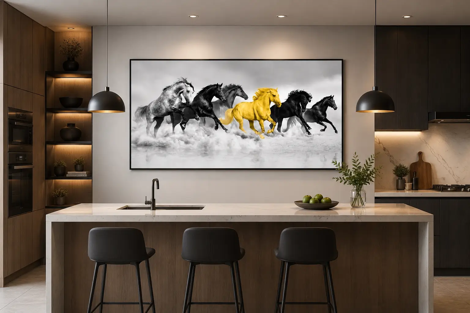 Luxury panoramic horse canvas wall art featuring galloping wild horses in monochrome with a striking golden horse at the centre.