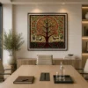 Traditional Indian Madhubani Circular Tree of Life premium canvas wall art featuring birds, peacocks, orange fruits, floral motifs, and authentic Mithila folk painting details.