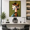 Luxury Cubist woman portrait canvas wall art featuring geometric abstract facial design in olive green, terracotta, charcoal, and beige tones with a natural wood frame.