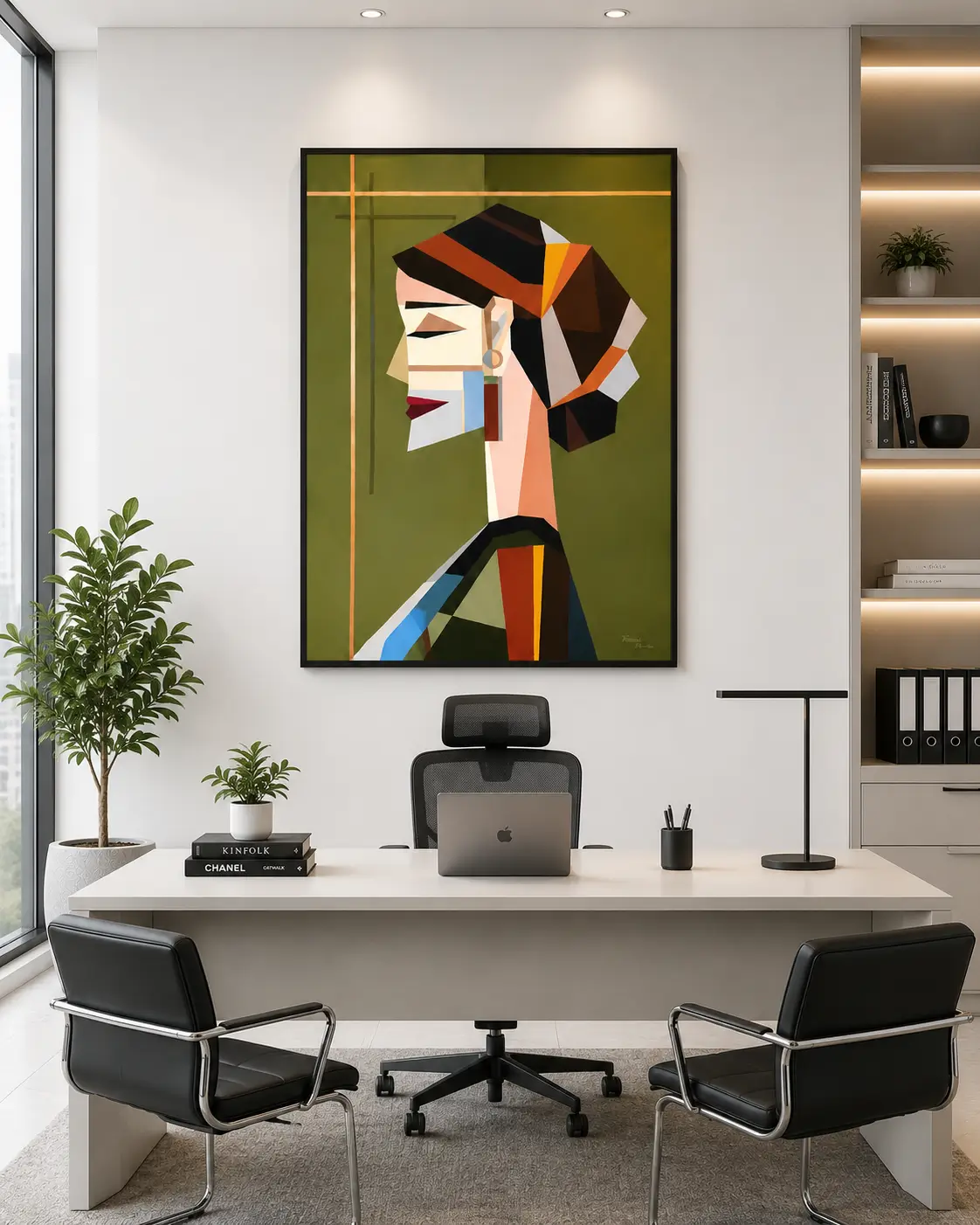 Luxury Cubist woman portrait canvas wall art featuring geometric abstract facial design in olive green, terracotta, charcoal, and beige tones with a natural wood frame.