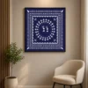 Luxury Warli tribal canvas wall art featuring a spiral Tarpa dance, geometric tribal borders, and white folk illustrations on a deep indigo blue background.