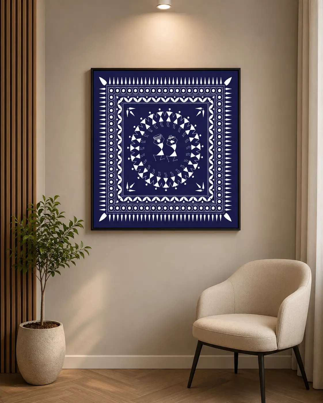 Luxury Warli tribal canvas wall art featuring a spiral Tarpa dance, geometric tribal borders, and white folk illustrations on a deep indigo blue background.
