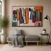 Square Mid-Century abstract canvas wall art featuring geometric earth-tone blocks in terracotta, olive green, mustard, charcoal, and cream.