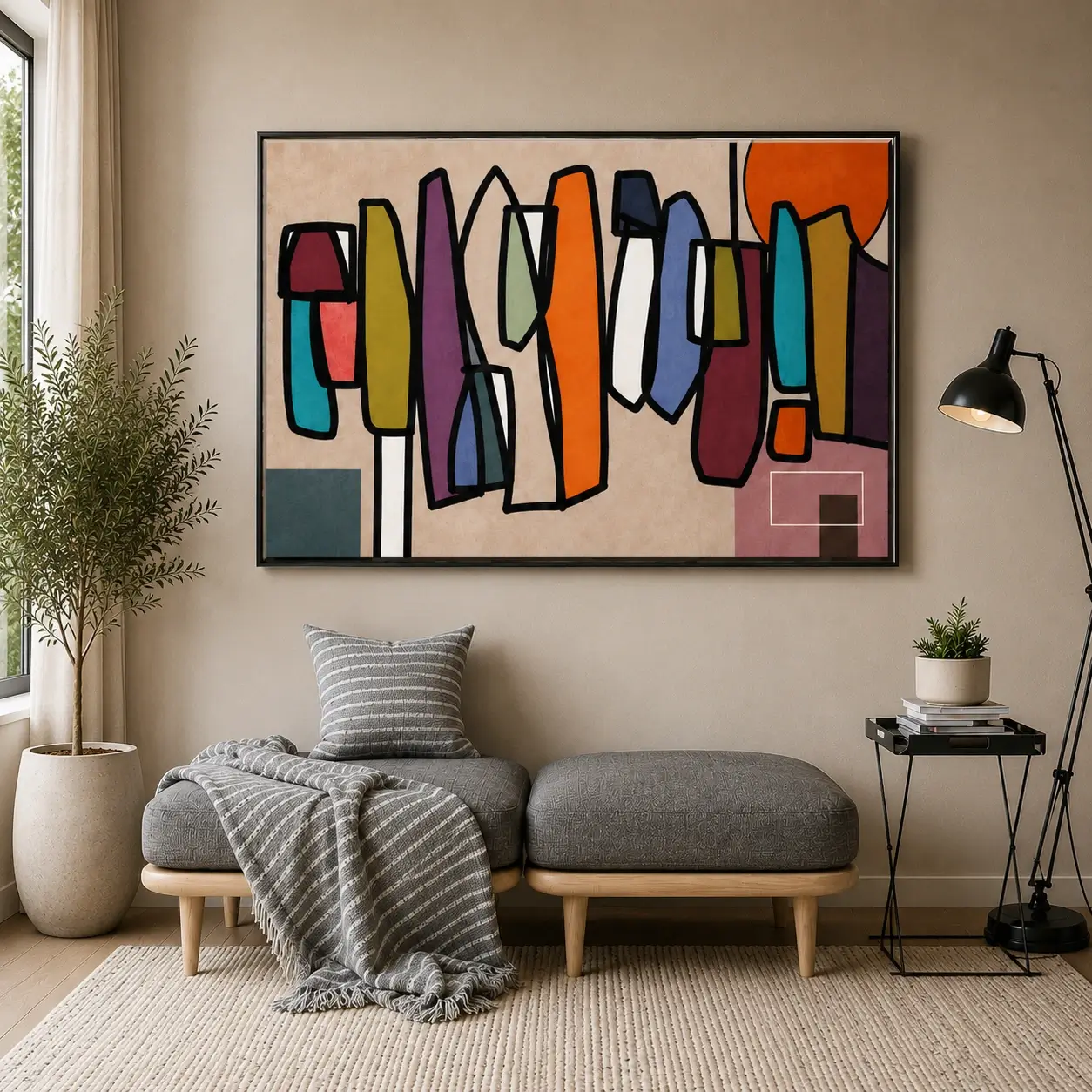 Square Mid-Century abstract canvas wall art featuring geometric earth-tone blocks in terracotta, olive green, mustard, charcoal, and cream.