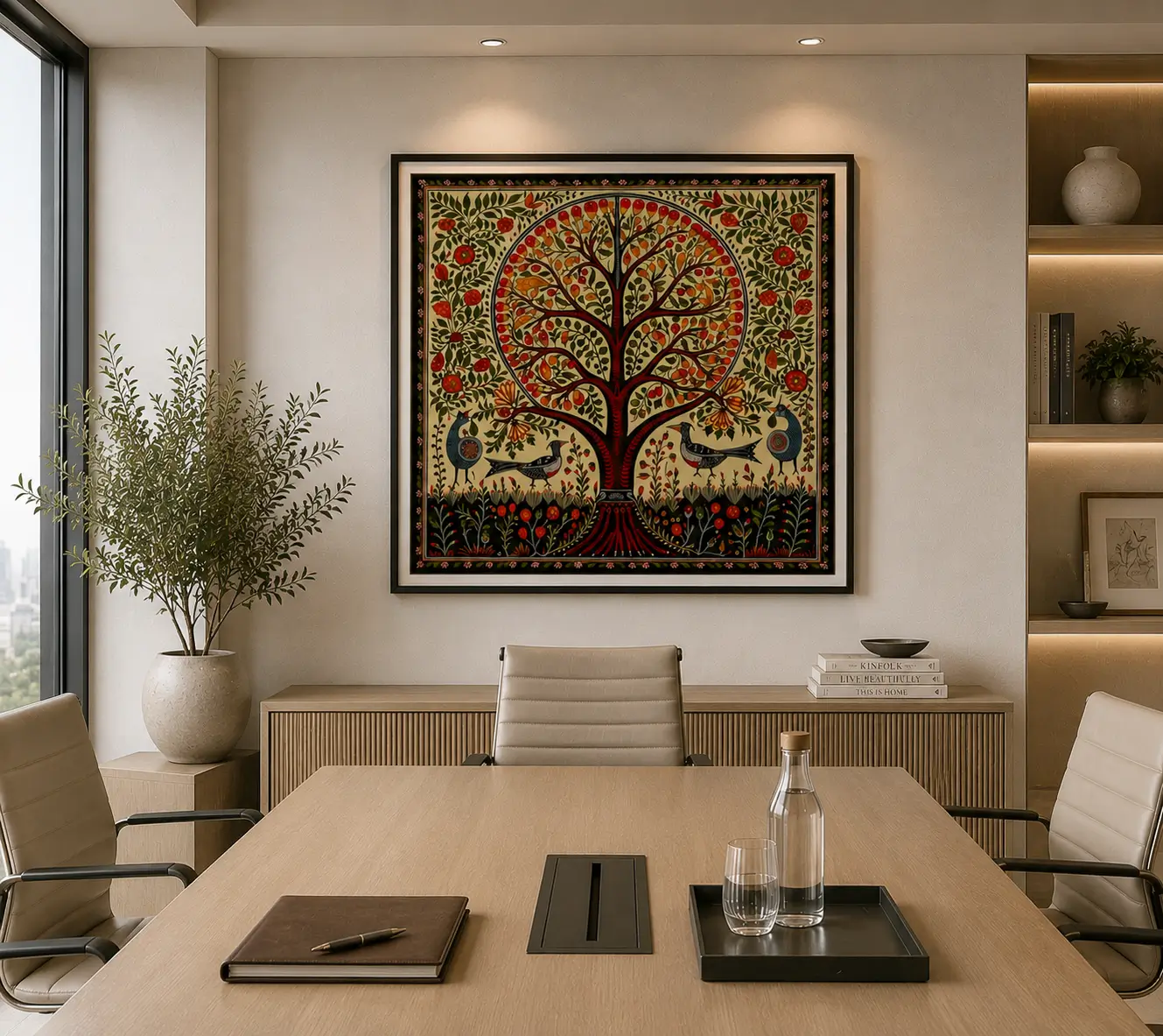 Traditional Indian Madhubani Circular Tree of Life premium canvas wall art featuring birds, peacocks, orange fruits, floral motifs, and authentic Mithila folk painting details.