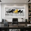 Luxury panoramic horse canvas wall art featuring galloping wild horses in monochrome with a striking golden horse at the centre.