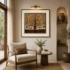 Traditional Indian Madhubani Circular Tree of Life premium canvas wall art featuring birds, peacocks, orange fruits, floral motifs, and authentic Mithila folk painting details.