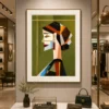 Luxury Cubist woman portrait canvas wall art featuring geometric abstract facial design in olive green, terracotta, charcoal, and beige tones with a natural wood frame.