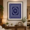 Luxury Warli tribal canvas wall art featuring a spiral Tarpa dance, geometric tribal borders, and white folk illustrations on a deep indigo blue background.