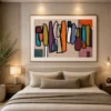 Square Mid-Century abstract canvas wall art featuring geometric earth-tone blocks in terracotta, olive green, mustard, charcoal, and cream.