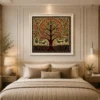 Traditional Indian Madhubani Circular Tree of Life premium canvas wall art featuring birds, peacocks, orange fruits, floral motifs, and authentic Mithila folk painting details.
