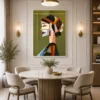 Luxury Cubist woman portrait canvas wall art featuring geometric abstract facial design in olive green, terracotta, charcoal, and beige tones with a natural wood frame.