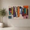 Square Mid-Century abstract canvas wall art featuring geometric earth-tone blocks in terracotta, olive green, mustard, charcoal, and cream.