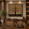 Traditional Indian Madhubani Circular Tree of Life premium canvas wall art featuring birds, peacocks, orange fruits, floral motifs, and authentic Mithila folk painting details.