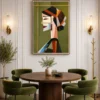Luxury Cubist woman portrait canvas wall art featuring geometric abstract facial design in olive green, terracotta, charcoal, and beige tones with a natural wood frame.