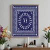 Luxury Warli tribal canvas wall art featuring a spiral Tarpa dance, geometric tribal borders, and white folk illustrations on a deep indigo blue background.