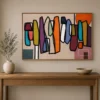 Square Mid-Century abstract canvas wall art featuring geometric earth-tone blocks in terracotta, olive green, mustard, charcoal, and cream.