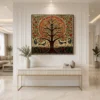 Traditional Indian Madhubani Circular Tree of Life premium canvas wall art featuring birds, peacocks, orange fruits, floral motifs, and authentic Mithila folk painting details.