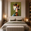 Luxury Cubist woman portrait canvas wall art featuring geometric abstract facial design in olive green, terracotta, charcoal, and beige tones with a natural wood frame.