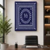 Luxury Warli tribal canvas wall art featuring a spiral Tarpa dance, geometric tribal borders, and white folk illustrations on a deep indigo blue background.