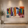 Square Mid-Century abstract canvas wall art featuring geometric earth-tone blocks in terracotta, olive green, mustard, charcoal, and cream.