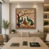 Traditional Indian Madhubani Three Royal Peacocks premium canvas wall art featuring flowering branches, cherry blossoms, lotus flowers, and authentic Mithila folk painting details.