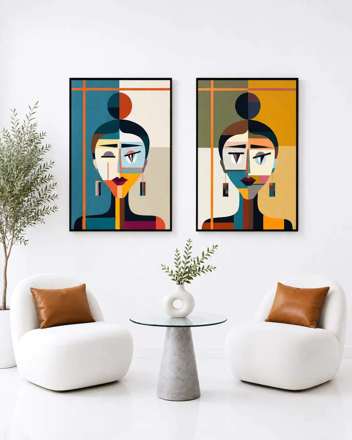Luxury Cubist diptych canvas wall art featuring two abstract geometric portraits in teal, ochre, terracotta, cream, and charcoal tones.