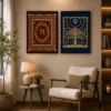 Luxury Warli diptych wall art featuring a traditional Tarpa dance, celestial Tree of Life, terracotta and indigo panels, and premium black gallery frames.