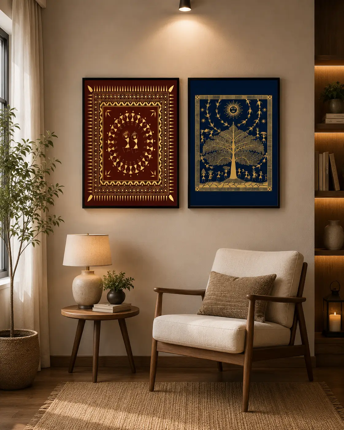 Luxury Warli diptych wall art featuring a traditional Tarpa dance, celestial Tree of Life, terracotta and indigo panels, and premium black gallery frames.
