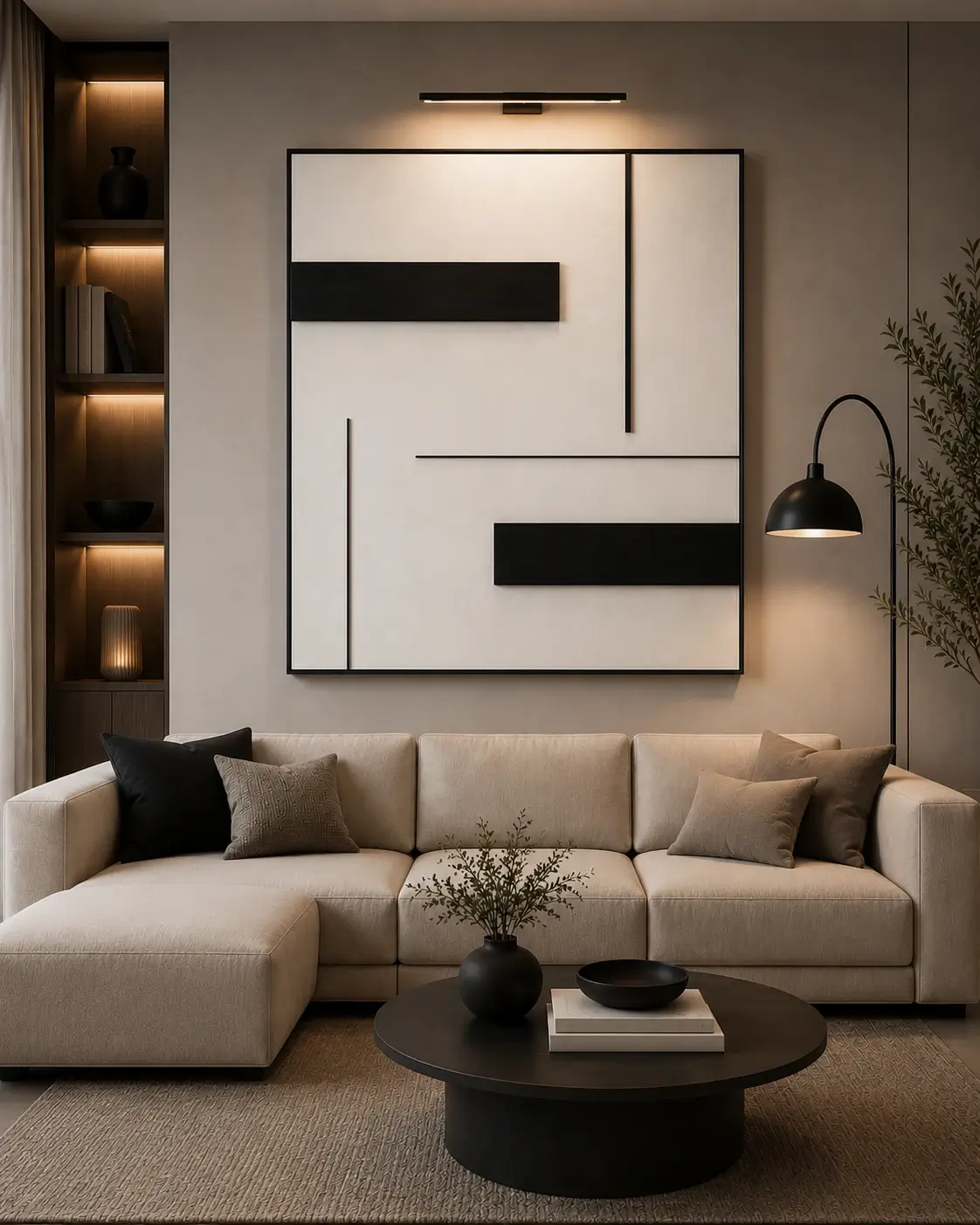 Modern black and cream geometric abstract canvas wall art featuring architectural blocks and textured minimalist design.